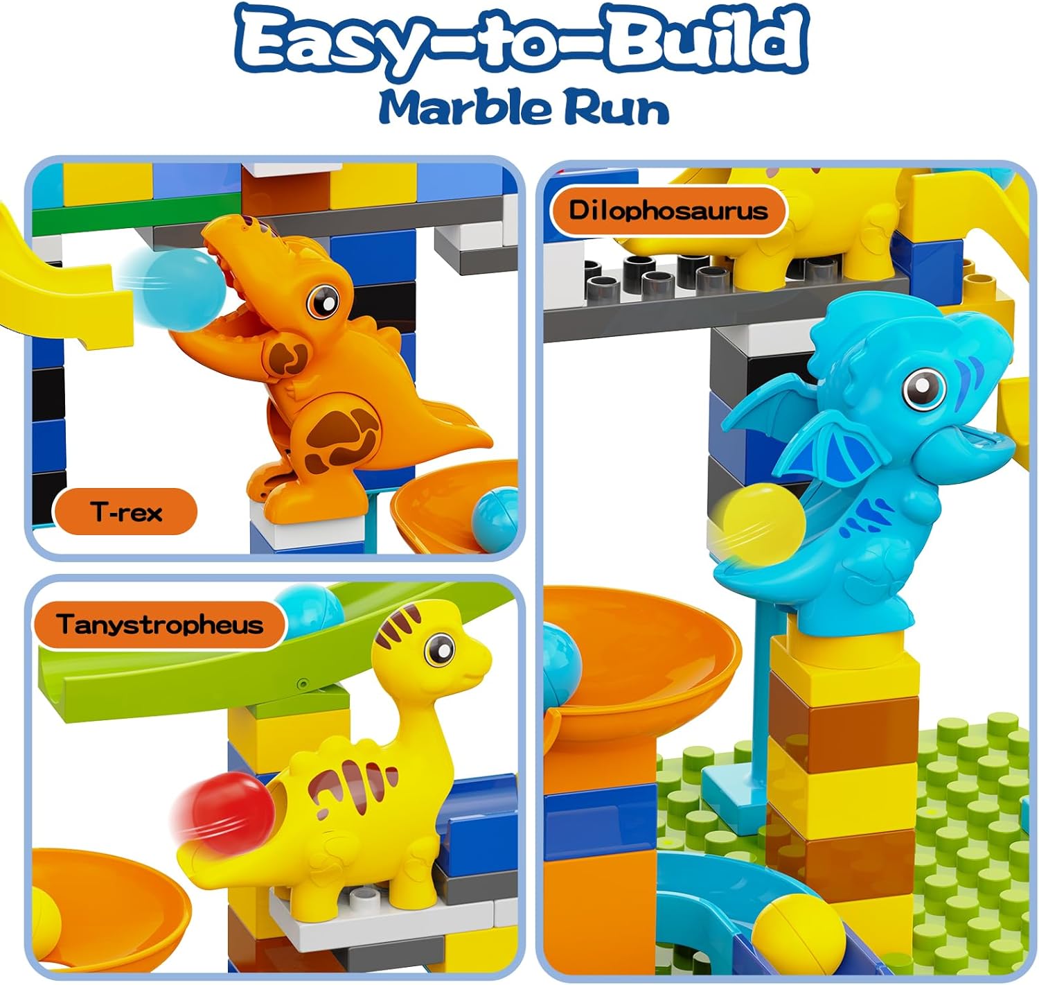 Marble Run Building Blocks, Dinosaurs Marble Track Toy Classic Large Bricks for 3 4 5 6 7 + Year Old Boys Girls Kids, Bricks Compatible with All Major Brands