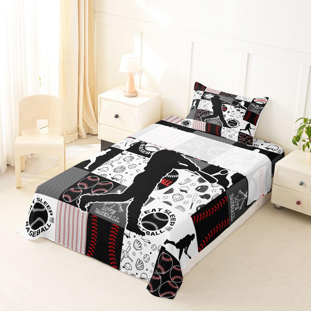 Castle Fairy Baseball Player Bed Sheet Set Twin Size,Sports Geometric Grid Red Grey Sheet Set Kids Teens,Patchwork Baseball Bedding Decor Set with 1 Flat &amp; 1 Fitted Sheet with 1 Pillow Sham