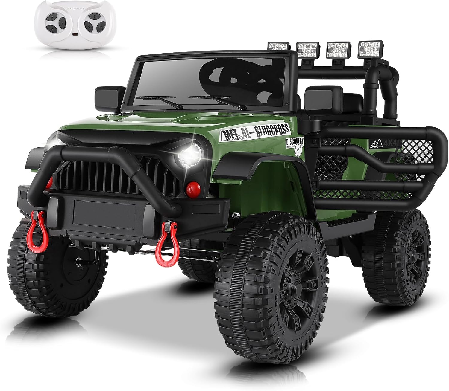 Hikole 24V Ride on Toys for Big Kids with Remote Control, 4X4 400W Battery Powered Truck with Bluetooth, Music, LED Lights, Shock Springs, Safety Belt, Power Wheels 24 Volt for Boys Girls 3-5, Green