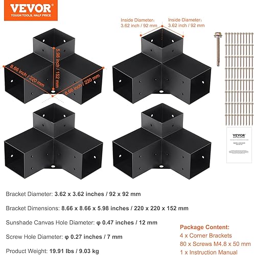 Miniatura 62 de VEVOR Kit de soporte para pérgola de 6 x 6 pulgadas (tamaño interior 5.6 x 5.6), 4 piezas de soporte de esquina resistente de 3 vías, kit de base