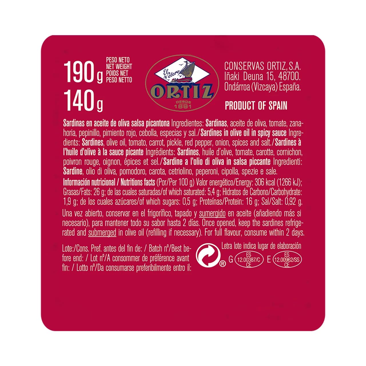 ORTIZ Pikante Sardinen nach alter Art in Olivenöl 140 g. 9er-Pack