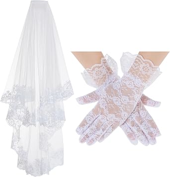 White Lace Wedding Veil Halloween Bridal Chapel Veil with Gloves for Women