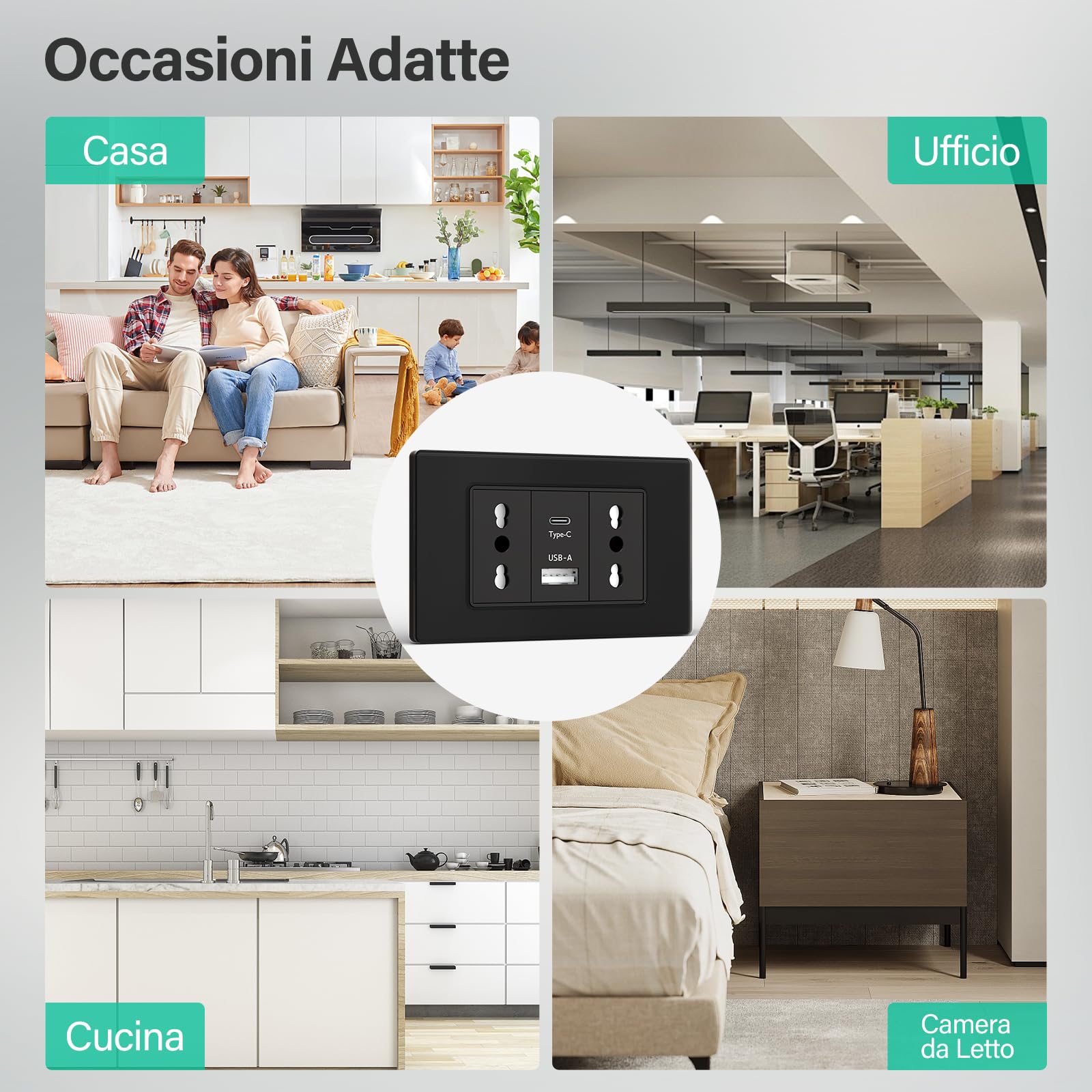 BSEED Prese Elettriche da Muro, Presa Bipasso con USB A e USB C, Presa Bivalente 10A/16A da Muro 118mm, Spina Italiana per Ufficio e Casa, Nero
