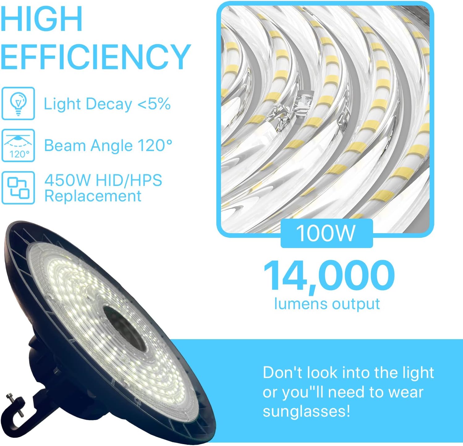 HYPERLITE High Bay LED Lights 100W 14000LM 5000K, 450W MH/HPS Eqv. LED High Bay Light with US Plug UL Listed IP65 Waterproof for Shop Garage 1PC(Motion Sensor not Included)