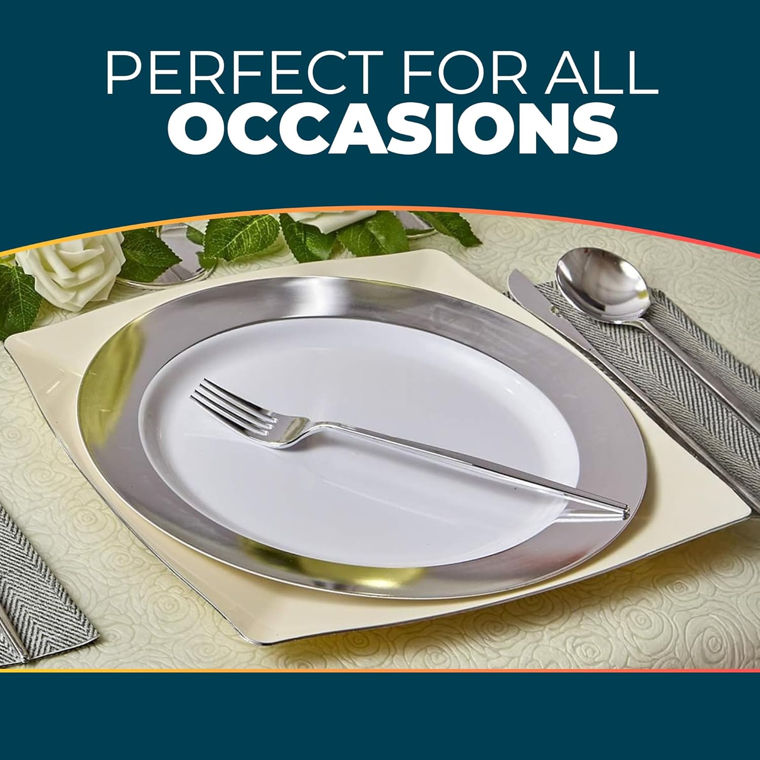 Ritz Collection White Round Plastic Dessert Plates with Silver Rim - 7.5" (Pack of 10) - Perfect for Weddings, Birthday Parties & Special Occasions - Image 2