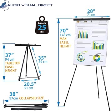 Audio-Visual Direct Lightweight Aluminum Flip-Chart Presentation Easel, Adjustable Height 37-70, Black