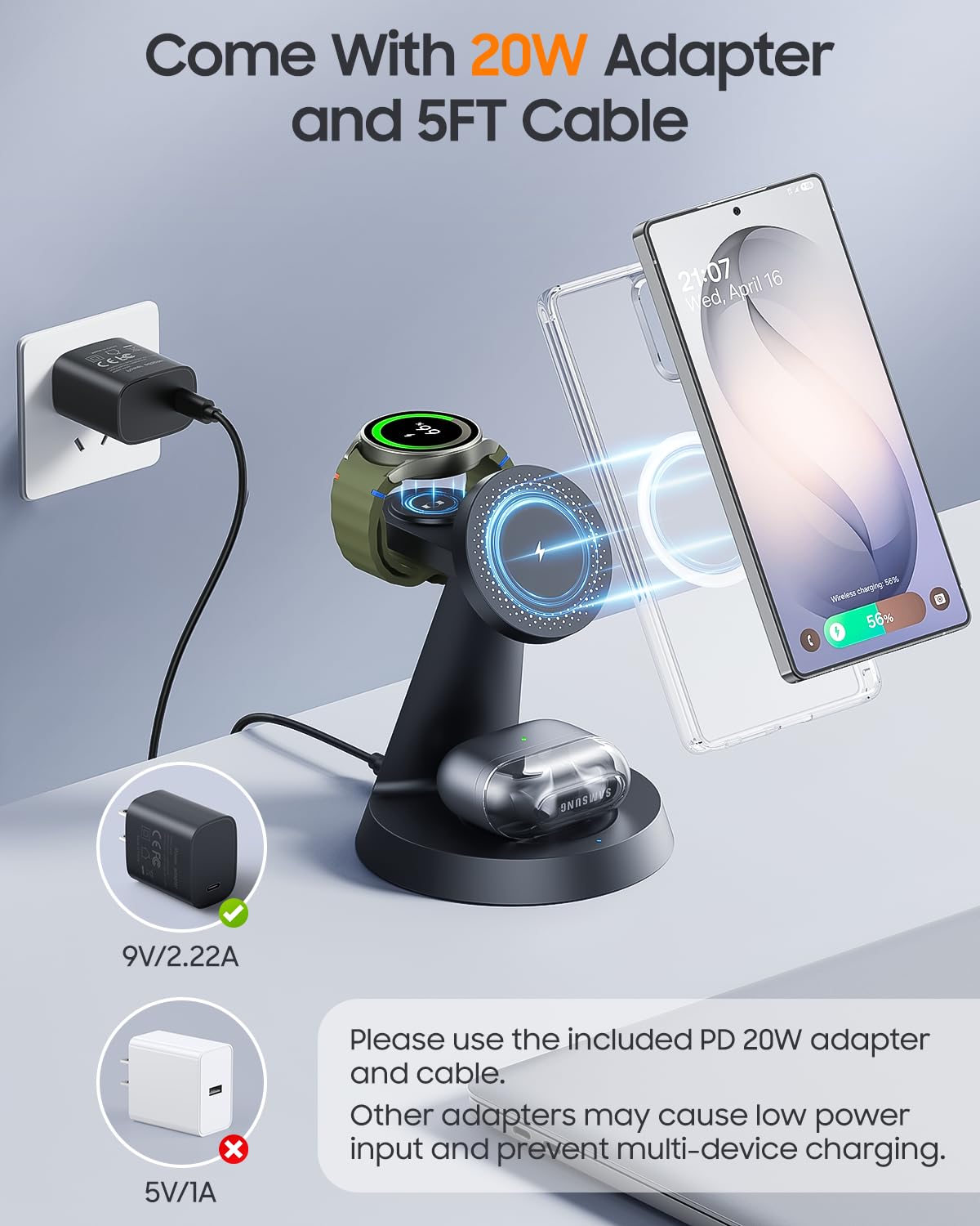 Meifigno Caricabatterie magnetico wireless per Samsung, stazione di ricarica 3 in 1 compatibile con MagSafe Samsung Charger per Galaxy S26 Ultra S25 Z Fold8/Flip8, supporto caricabatterie per Galaxy