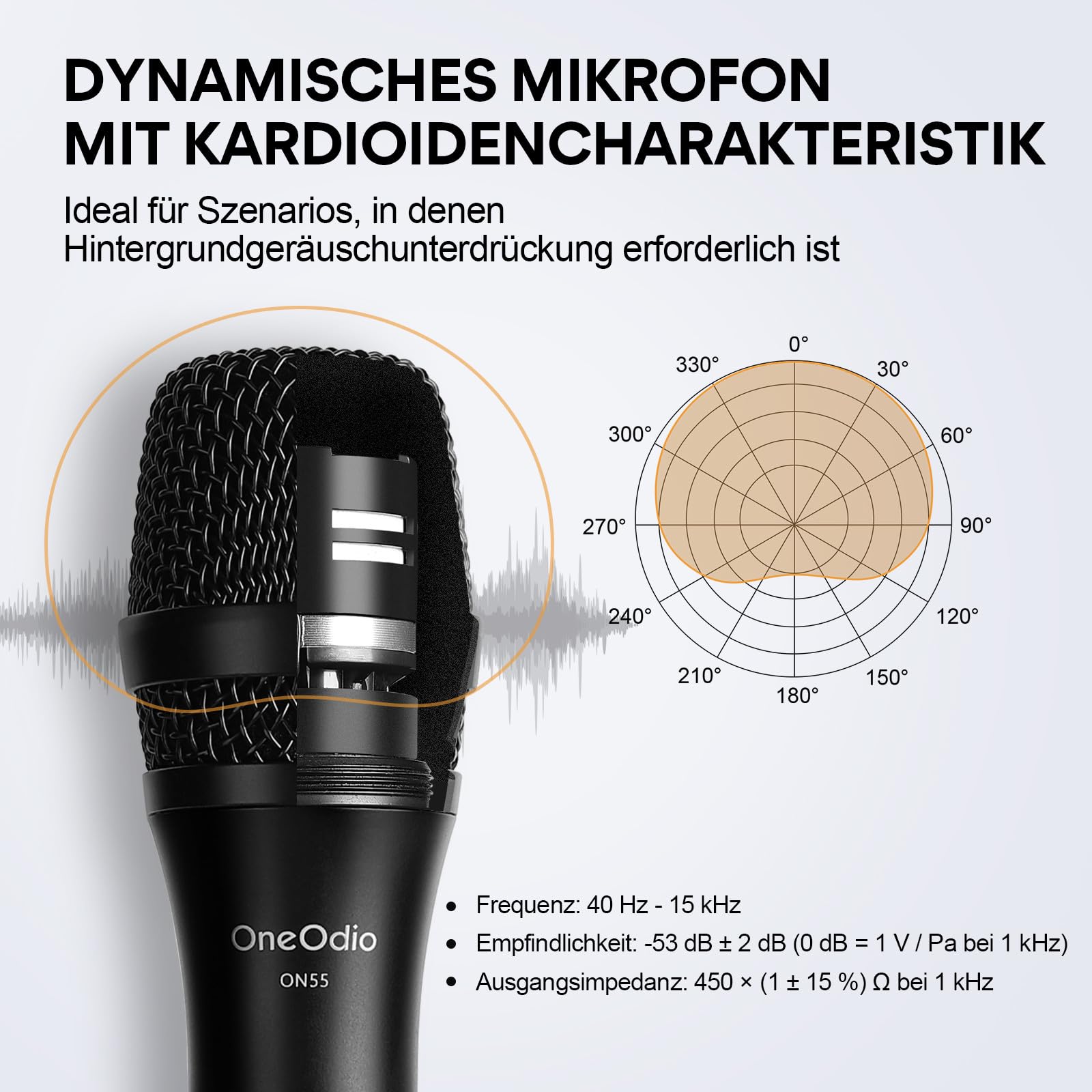 OneOdio ON55 Mikrofon mit Klinkenstecker, Cliphalter & 5m XLR-Kabel, 100% Metallgehäuse, Hervorragende Klangqualität Mikro für Karaoke, Studio, Streaming, Mixer, Podcasts, DJ-Silber
