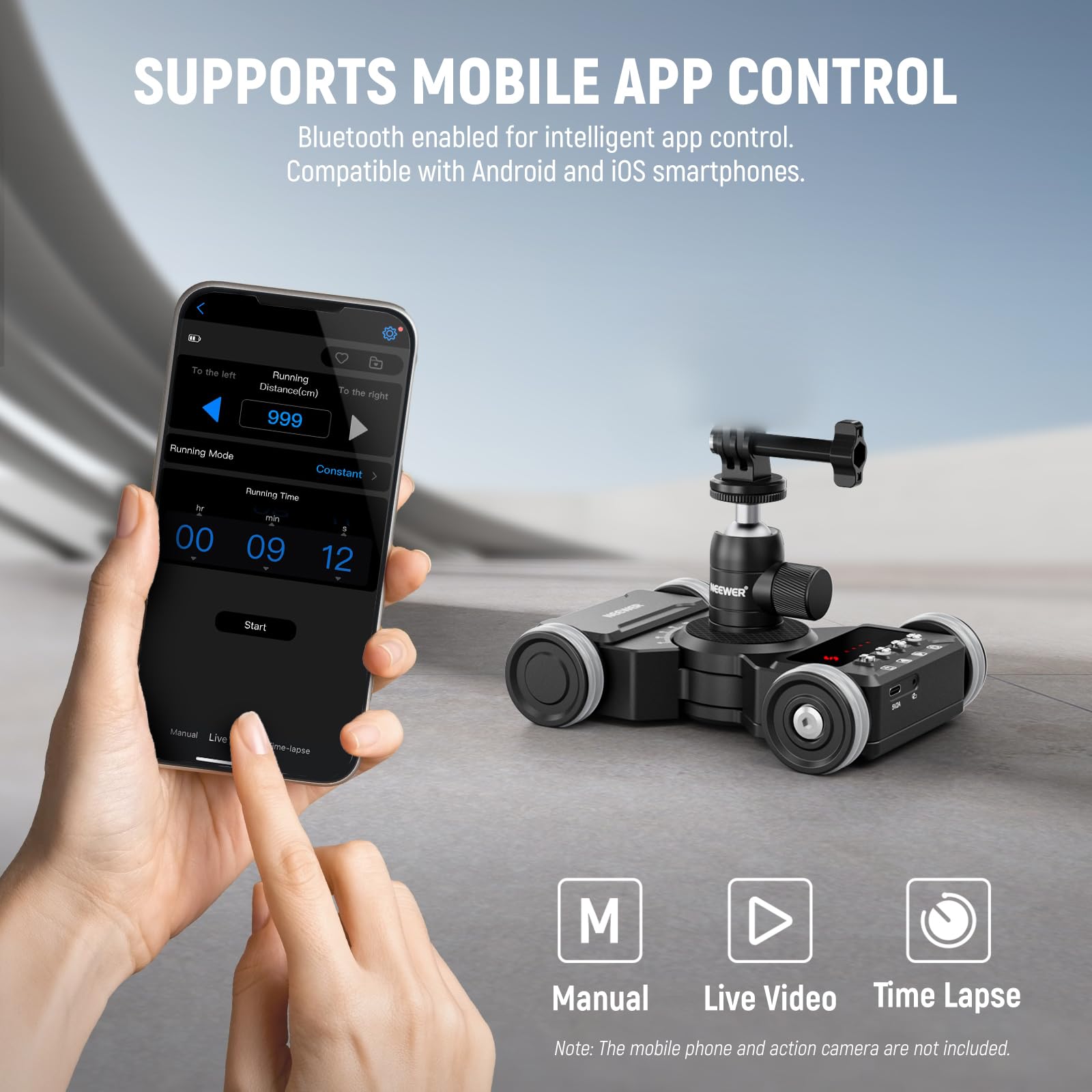 NEEWER Kit Motorized Camera Dolly Mejorada App Control,Batería 5Hrs Funcionamiento,Rótula Bola/Soporte Teléfono/Cámara Acción Compatible con GoPro iPhone Android DSLR,DL300(Solo Piso Liso Escritorio)