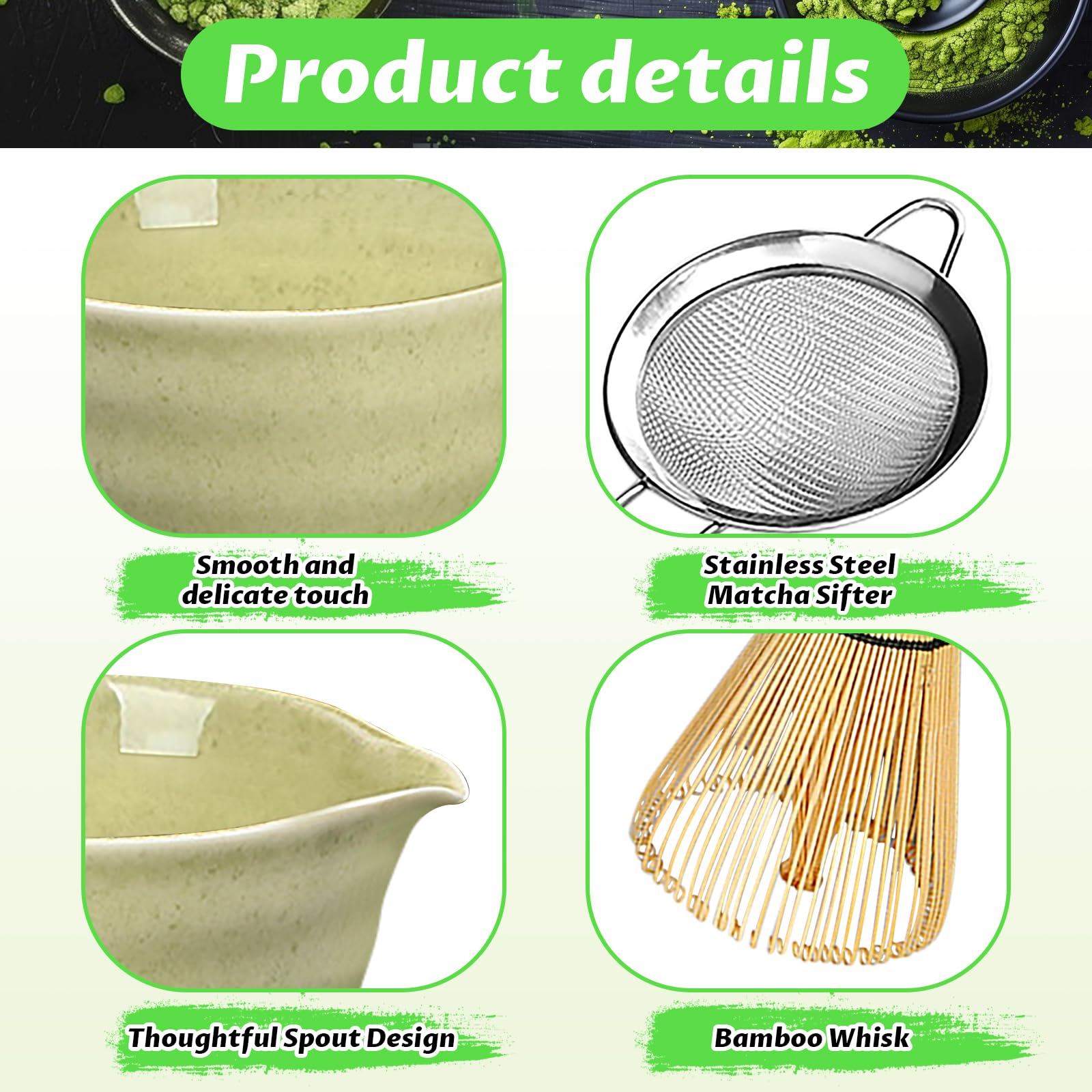 Matcha kit 6 Pezzi - Set di Matcha per Cerimonia Giapponese - Set Accessori Cerimonia Tè Matcha,Portafrusta, ideale per la cerimonia del tè o come regalo （Matcha verde）