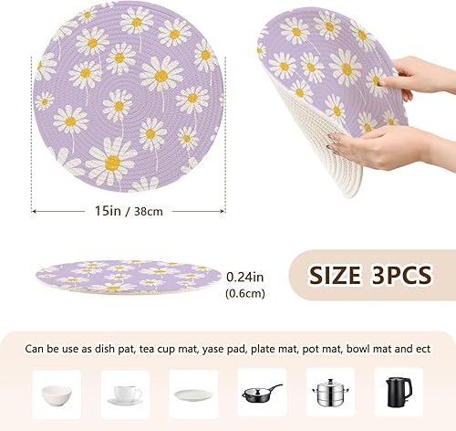 Miniatura 2 de 3 Pcs Pot Holder Trivet Mats Seamless Daisy Flower Purple for Hot Pots and Pans 15in Cotton Thread Weave Heat Resistant Pan Mat for Stove Kitchen Aid
