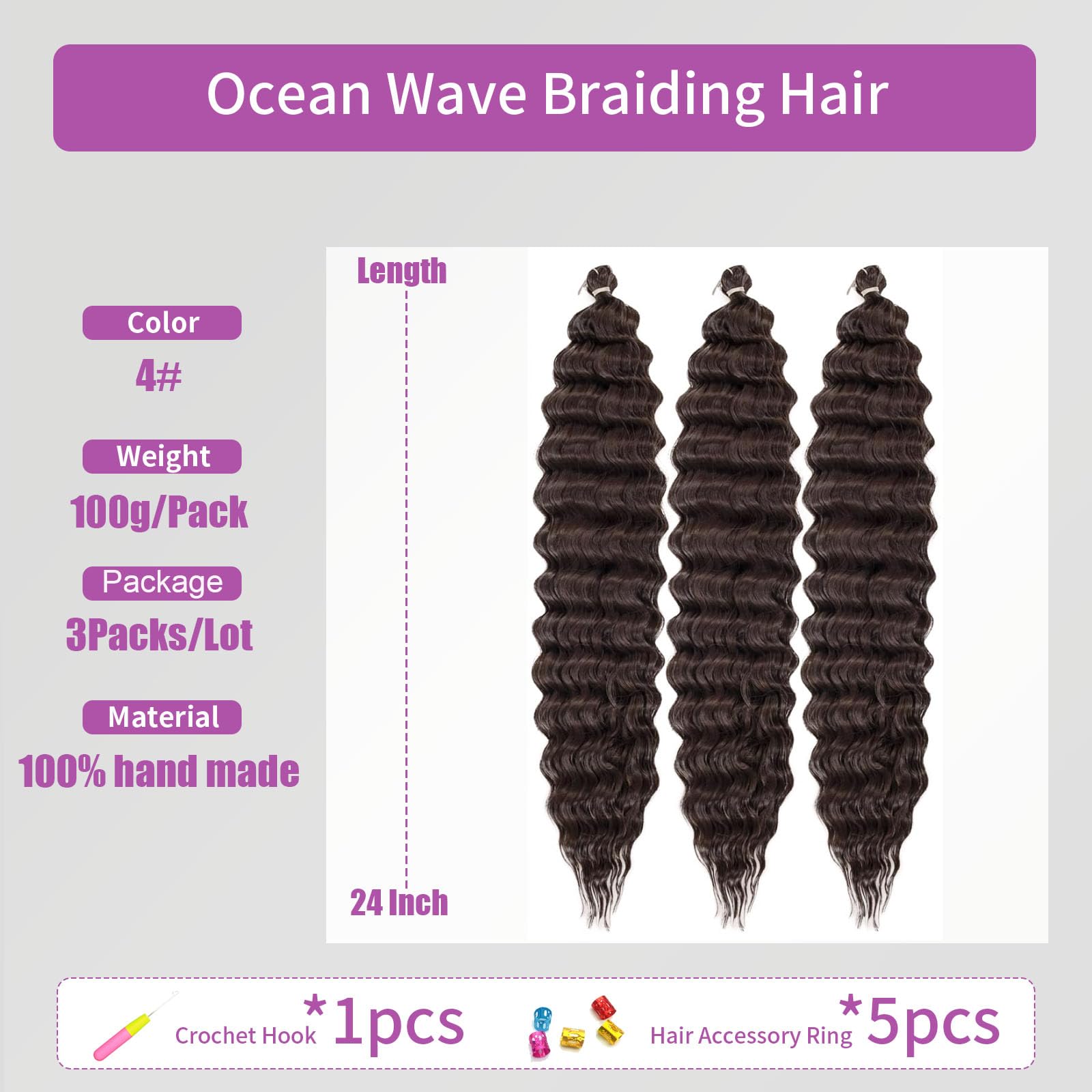 Ocean Wave Crochet Hair 3Packs Deep Wave Braiding Hair Curl Crochet Braiding Hair Extension Ocean Wave Braids Hair for women (4# - Image 2