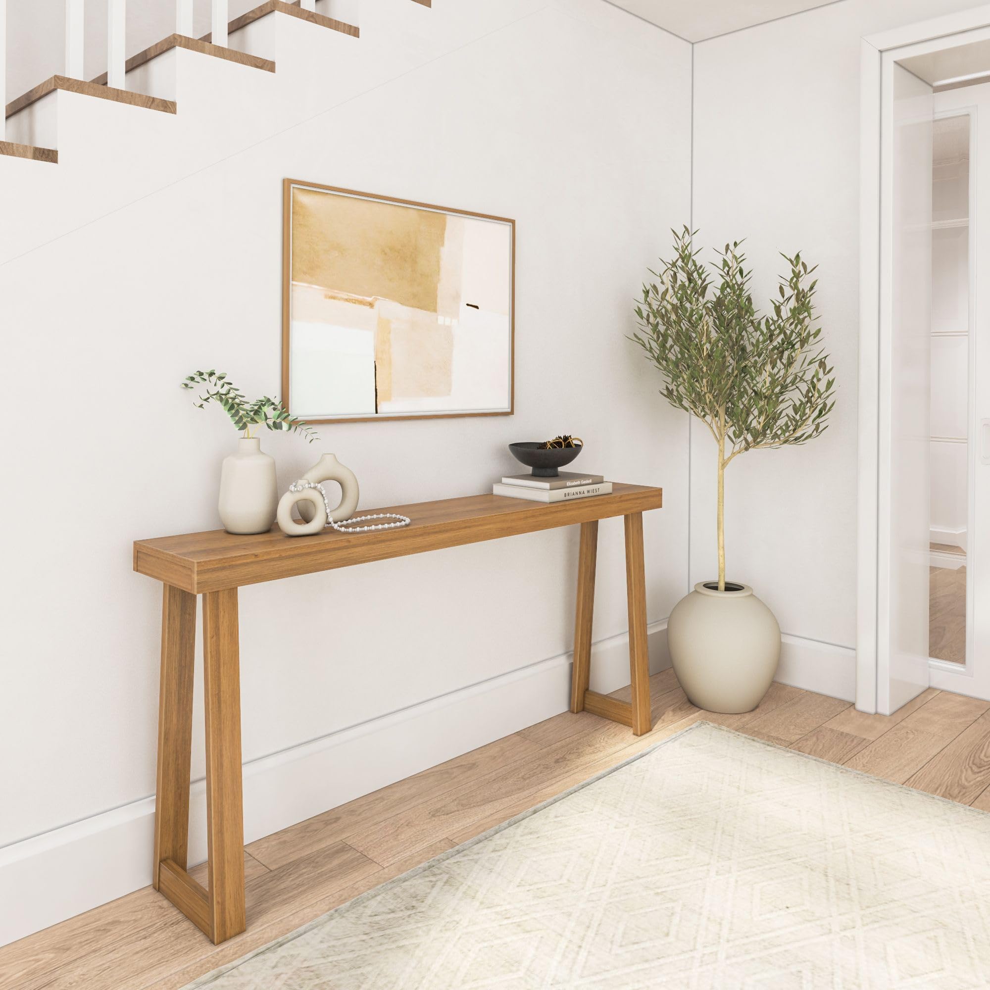 Plank+Beam Modern Solid Wood Console Table, 66 Inch, Sofa Table, Narrow Entryway Table for Hallway, Behind The Couch, Living Room, Foyer, Easy Assembly, Pecan
