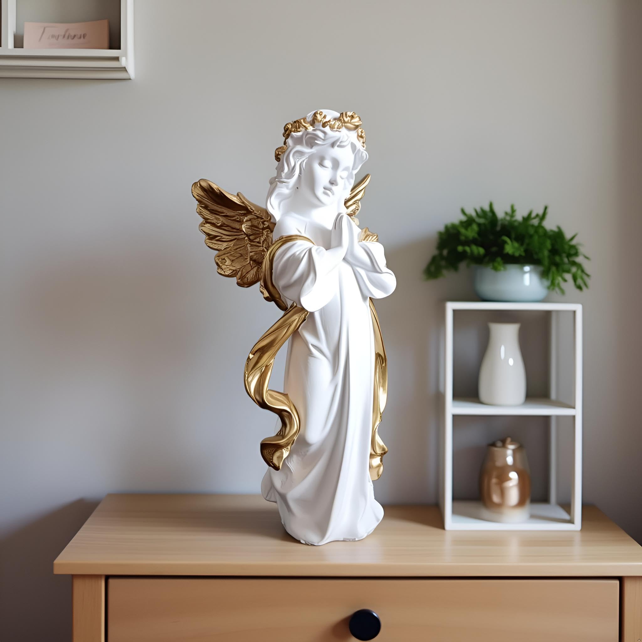 ALILA White Praying Angel Statue With Wings Figurine For Home Living Room Garden Shelf Mantel Decor Decoration Gifting Item, 12 Inches, Fantasy