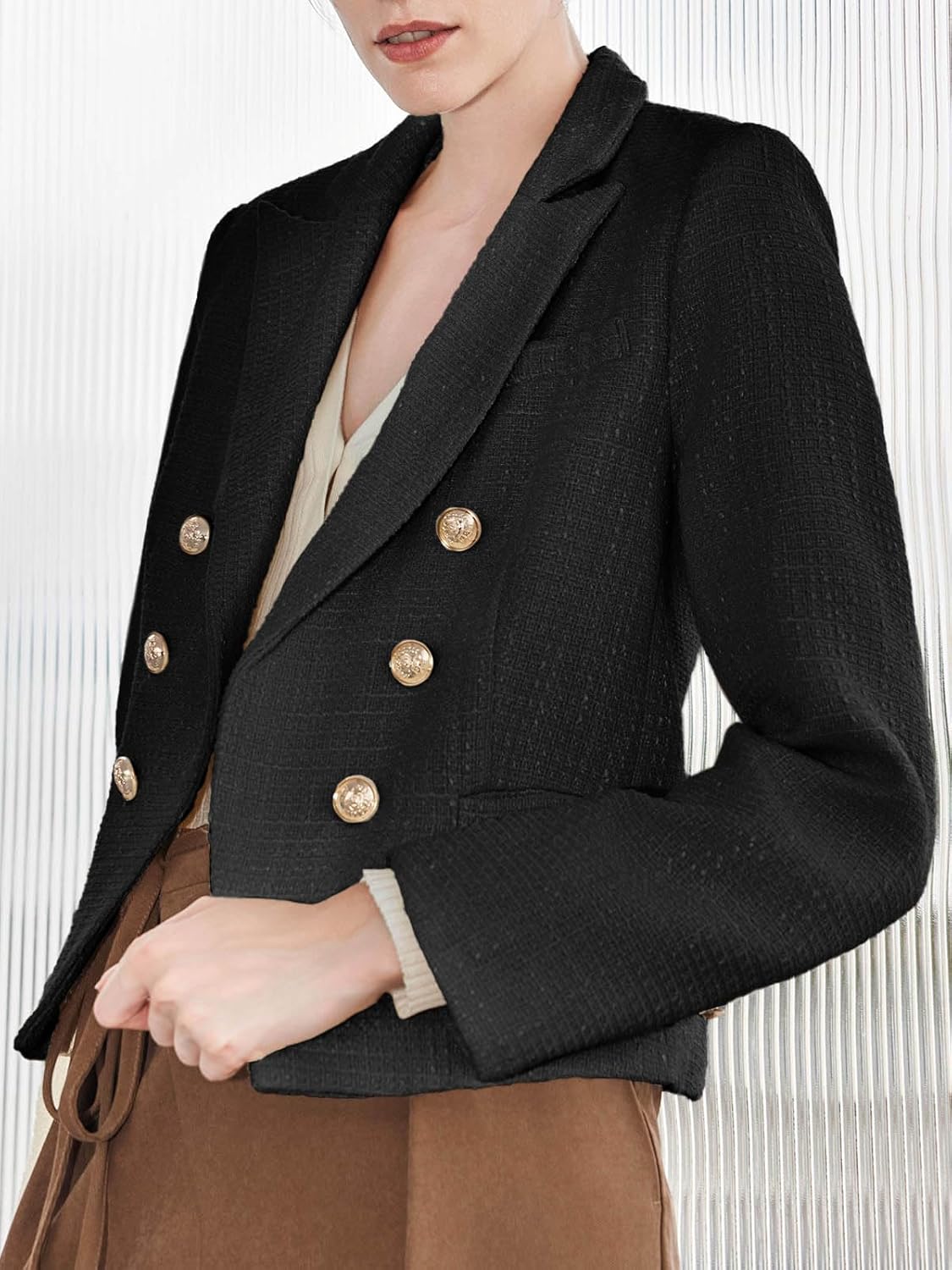 Cicy Bell Women Cropped Tweed Blazer Jackets Lapel Open Front Long Sleeve Business Suit Jackets with Pocket - Image 4