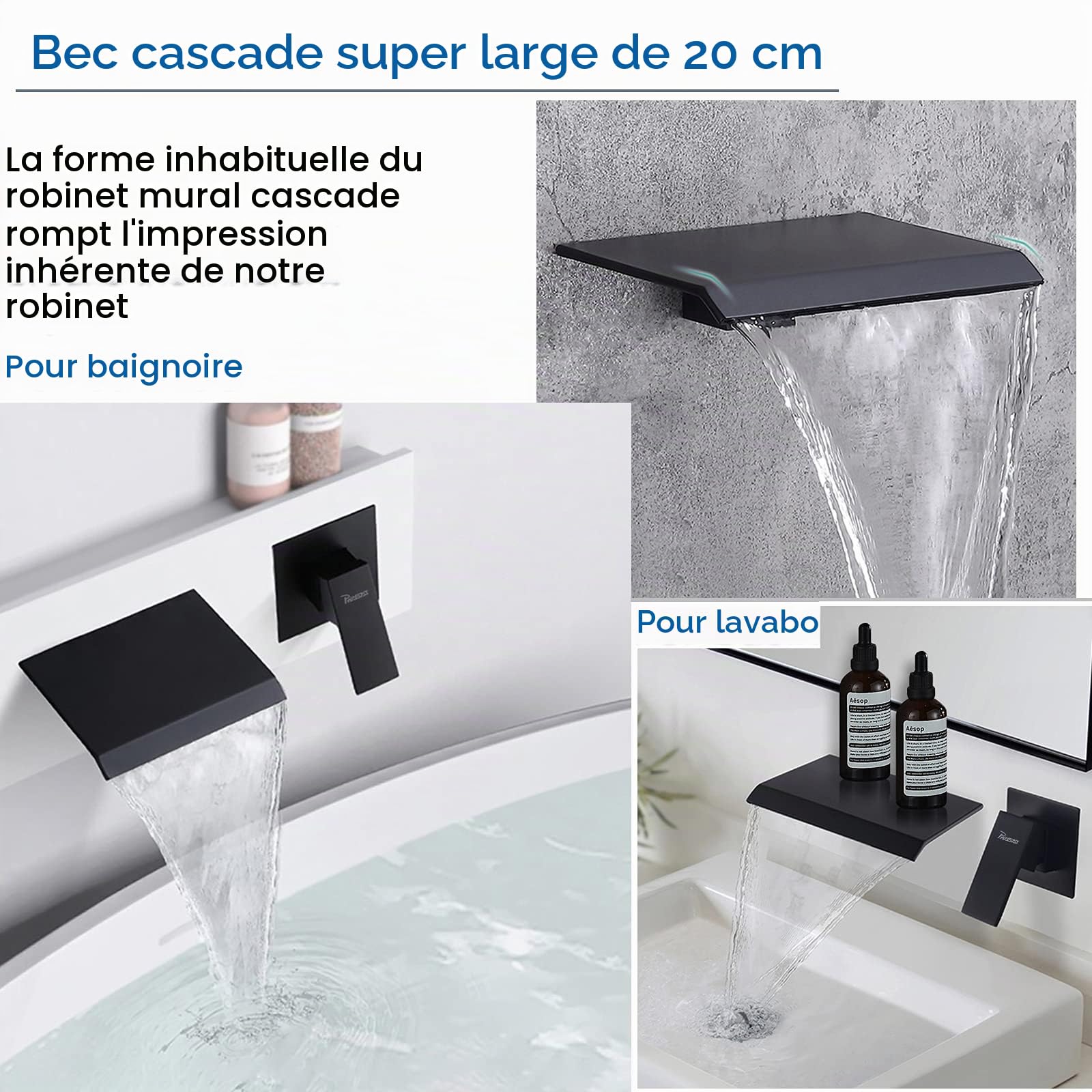 PHASAT Robinet Mitigeur Mural Salle de Bain Robinet Cascade Noir pour Lavabo Baignoire avec 20 cm Bec Extra Large BB02E