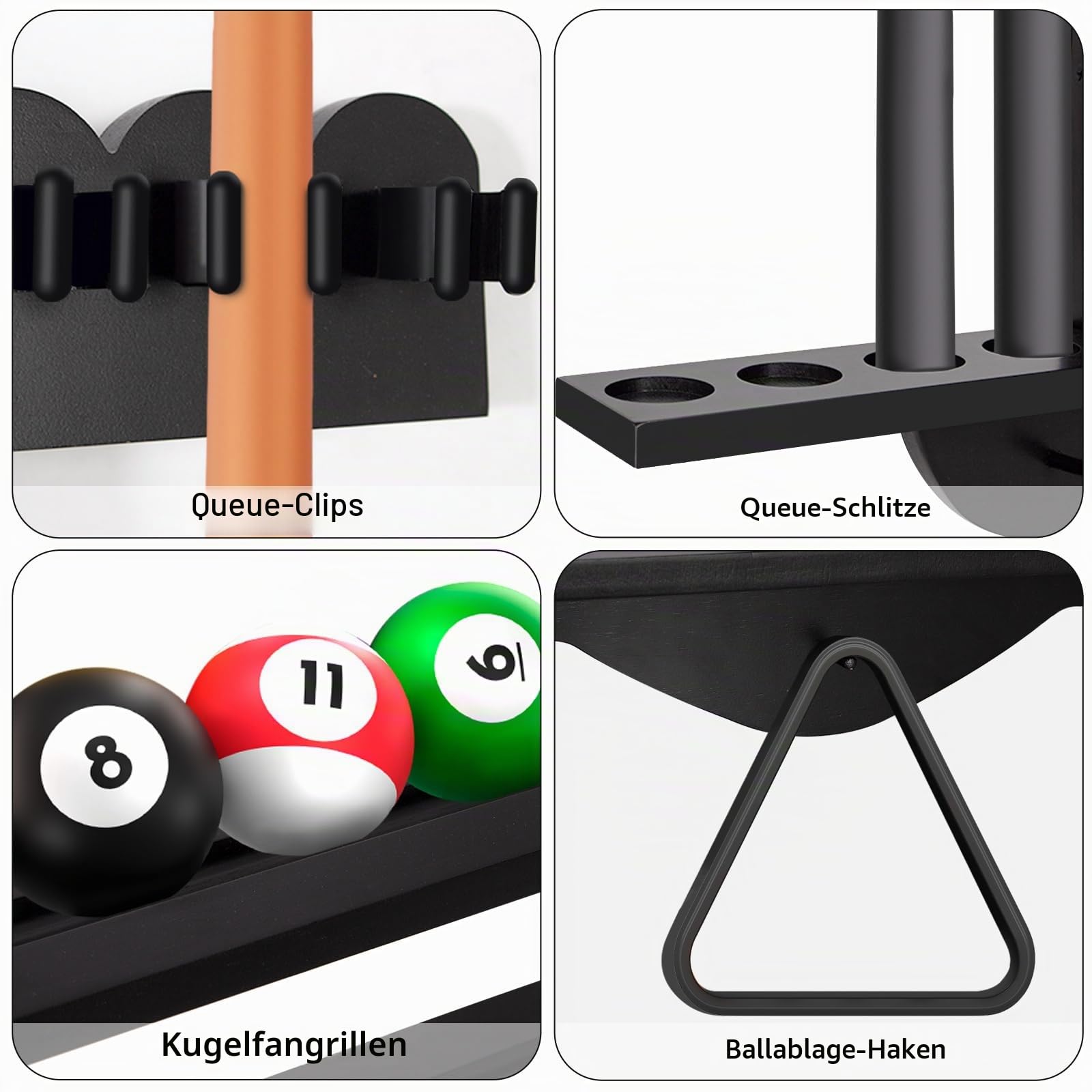 Leogreen Billard Queue Halter für 8 Queues, 18 Billardkugeln, 3 Ballständer und 1 Rollenpapier, Wandmontierter Queueständer aus Kiefernholz mit Aufbewahrungsregal, für Billardzimmer, Bars Club