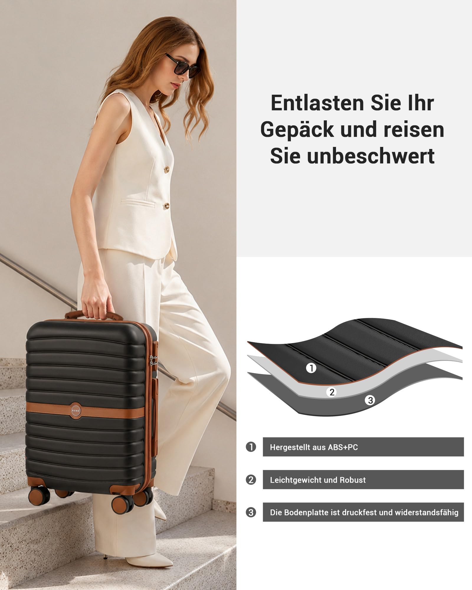 KONO Koffer Reisekoffer Trolley Handgepäck Koffer 55x40x20cm von ABS+PC Hartschalenkoffer mit Zwillingsrollen und Zahlenschloss(Schwarz/Braun, 55cm)