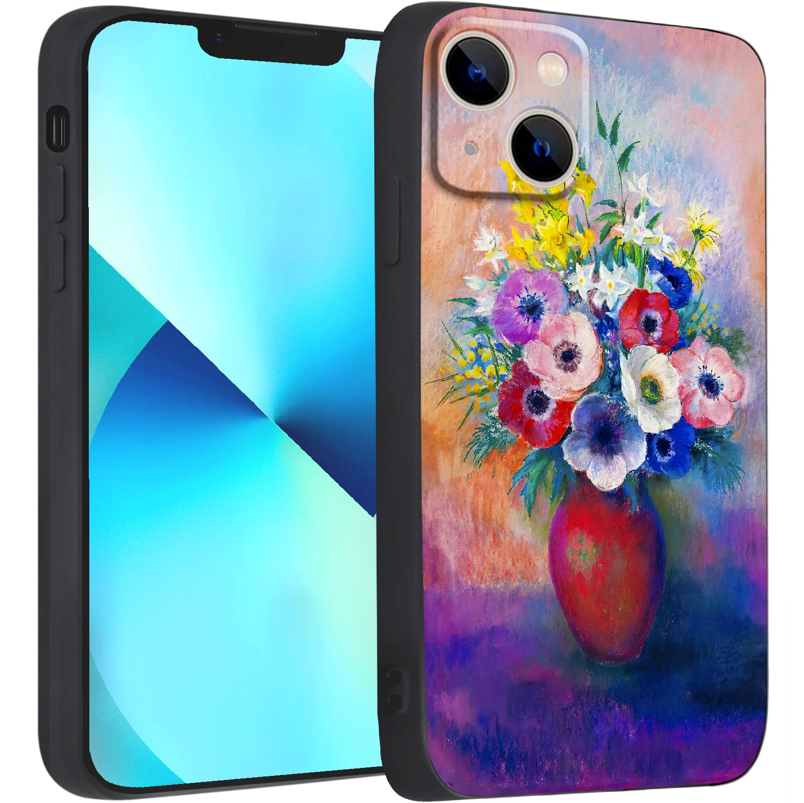 Compatible with iPhone 13 Mini Case Cute Art Silicone Case with Design Soft Thin ShockAbsorbing Nonslip with Screen Protector (Anemone Vase by Odilon Redon)