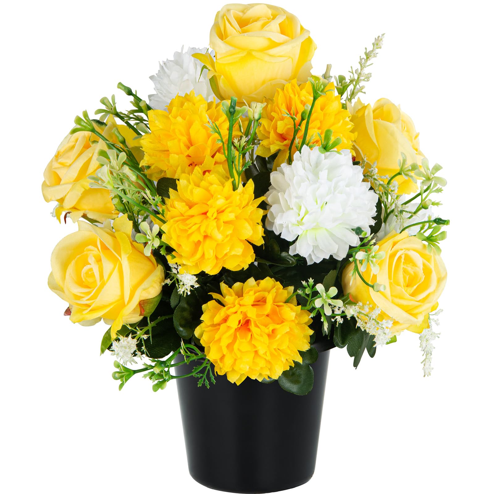 SIFOEL Artificial Grave Flowers for Cemetery, Artificial Chrysanthemums & Rose, Memorial Decorative Funeral Flower in pot for Grave Graveside Outdoor Indoor Decoration (1Pc, Yellow)