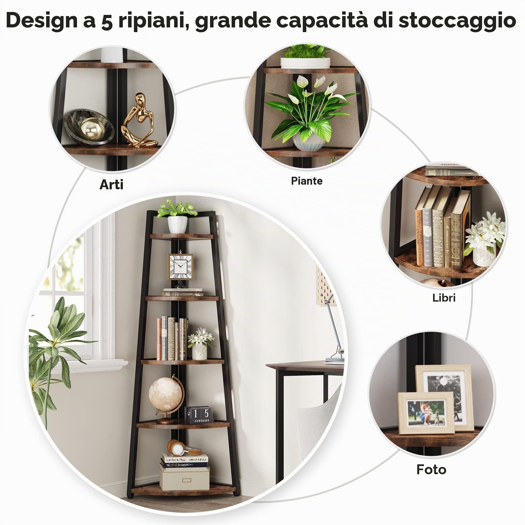 Tribesigns 176 cm Scaffale ad angolo alto, libreria ad angolo rustica a 5 livelli Scaffale a scala d'angolo industriale Supporto per piante per soggiorno, cucina, ufficio (marrone)