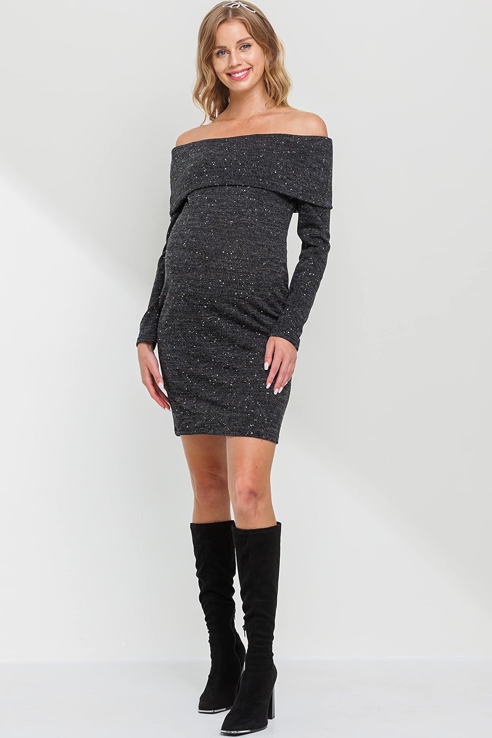 LaClef Women's Off Shoulder Sweater Knit Maternity Dress