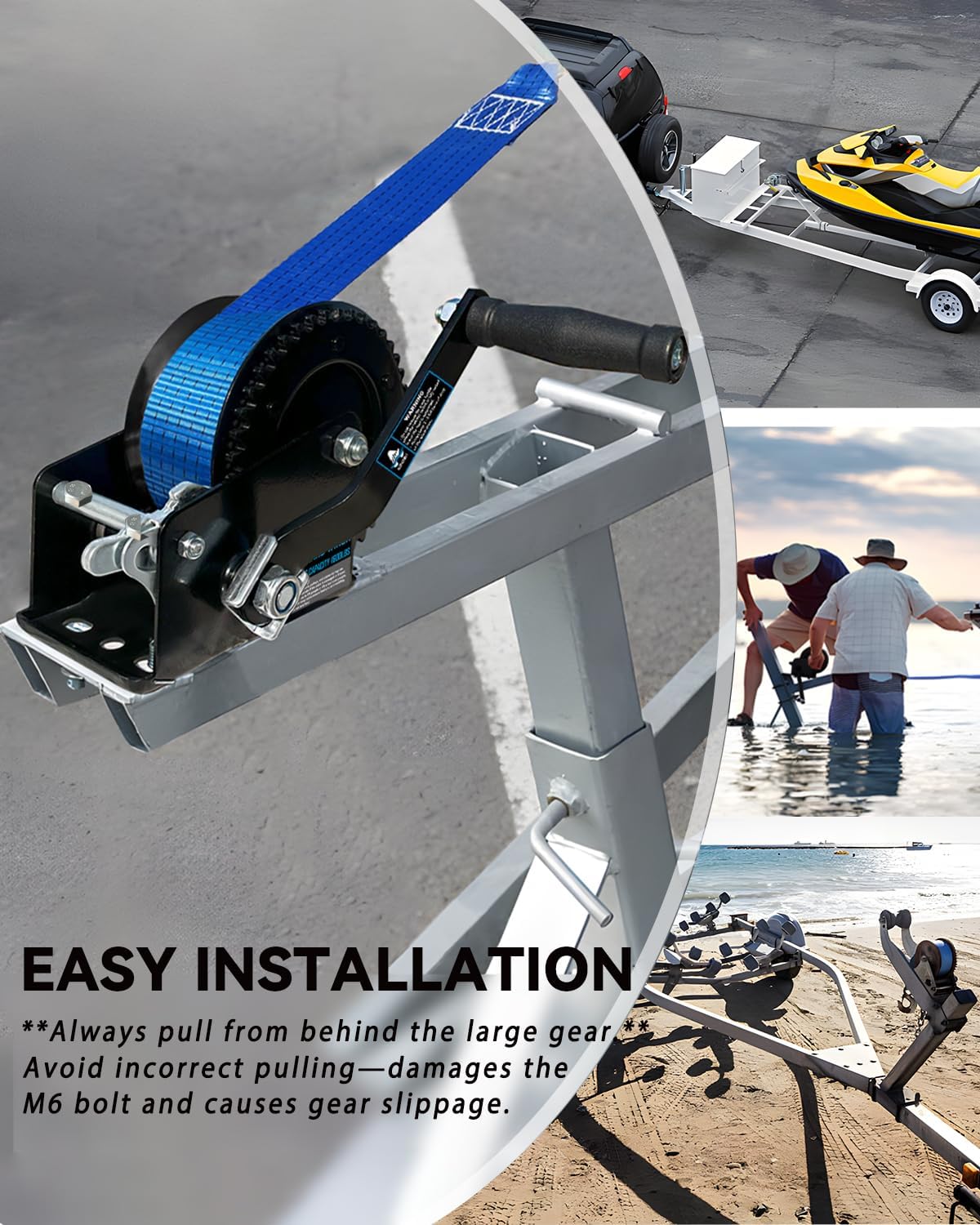 Boat Trailer Winch 1600LBS Hand Winch with 26ft Strap, 4:1 Gear Ratio Portable Winch 2 Way Ratchet for Boat, Trailer, RV, ATV, Jet Ski