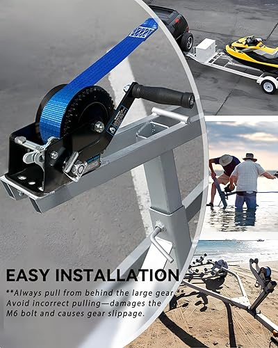 Miniatura 5 de Cabrestante de mano para remolque de barco, 1600 libras, con correa de 26 pies, relación de engranaje 41, cabrestante portátil de 2 vías para barco,