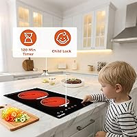 Vista 5 de 12 Inch Electric Cooktop, 2 Burners Built-in Electric Stove Top Hot Plate, Drop-in Ceramic Cooktop Kitchen Stoves with Touch Control, Safety Lock