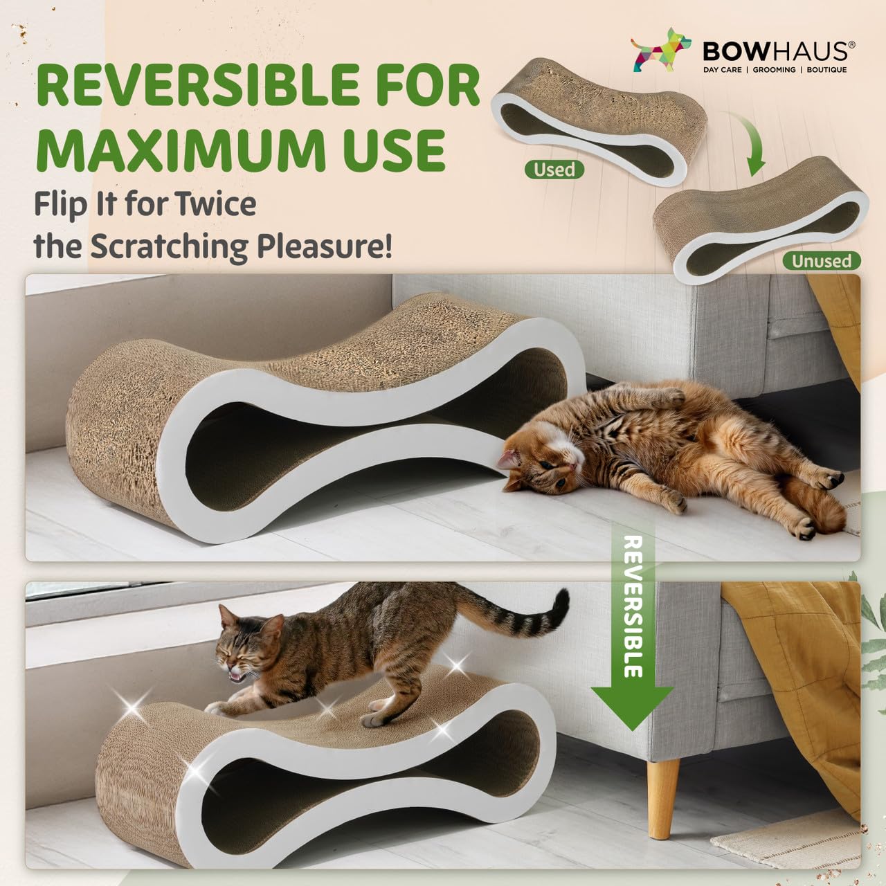BOWHAUS Infinity - Tumbona rascador reversible para gatos, duradera y duradera, rascador de cartón para gatos, almohadilla grande para rascar gatos, tabla de rascar, almohadilla infinita para gatos de