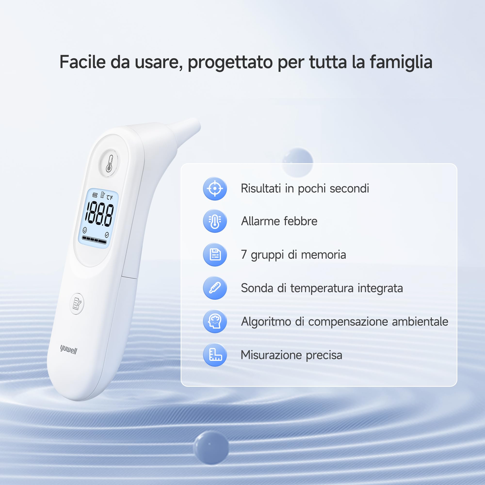 yuwell Termometro Digitale Adulti e Bambini | Termometro Auricolare a Uso Medico, Adatto per Neonati e Bambini | Misurazione in Secondi, Avviso di Temperatura Elevata, Display Ampio, 7 Memorie YHT101