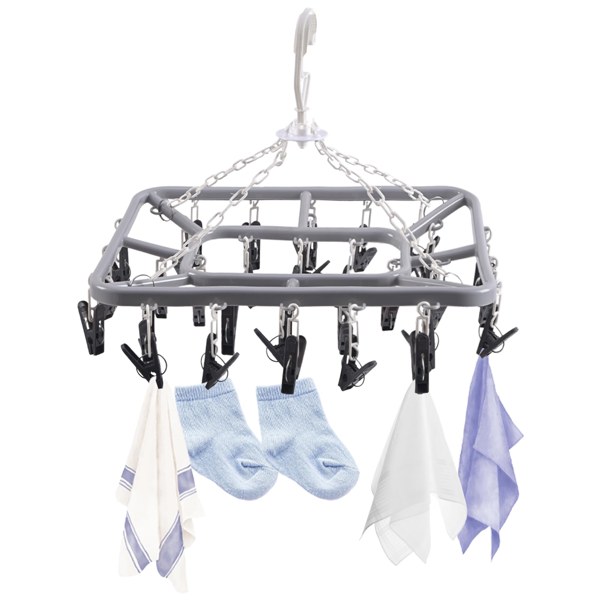 Kuber Industries 32 Clips Flying Hangers for Drying Clothes | 360° Rotating Baby Cloth Hanger for Balcony & Home | Plastic Square Cloth Drying Stand Hanger for Socks, Scarf & Caps | Grey & Black-image-33