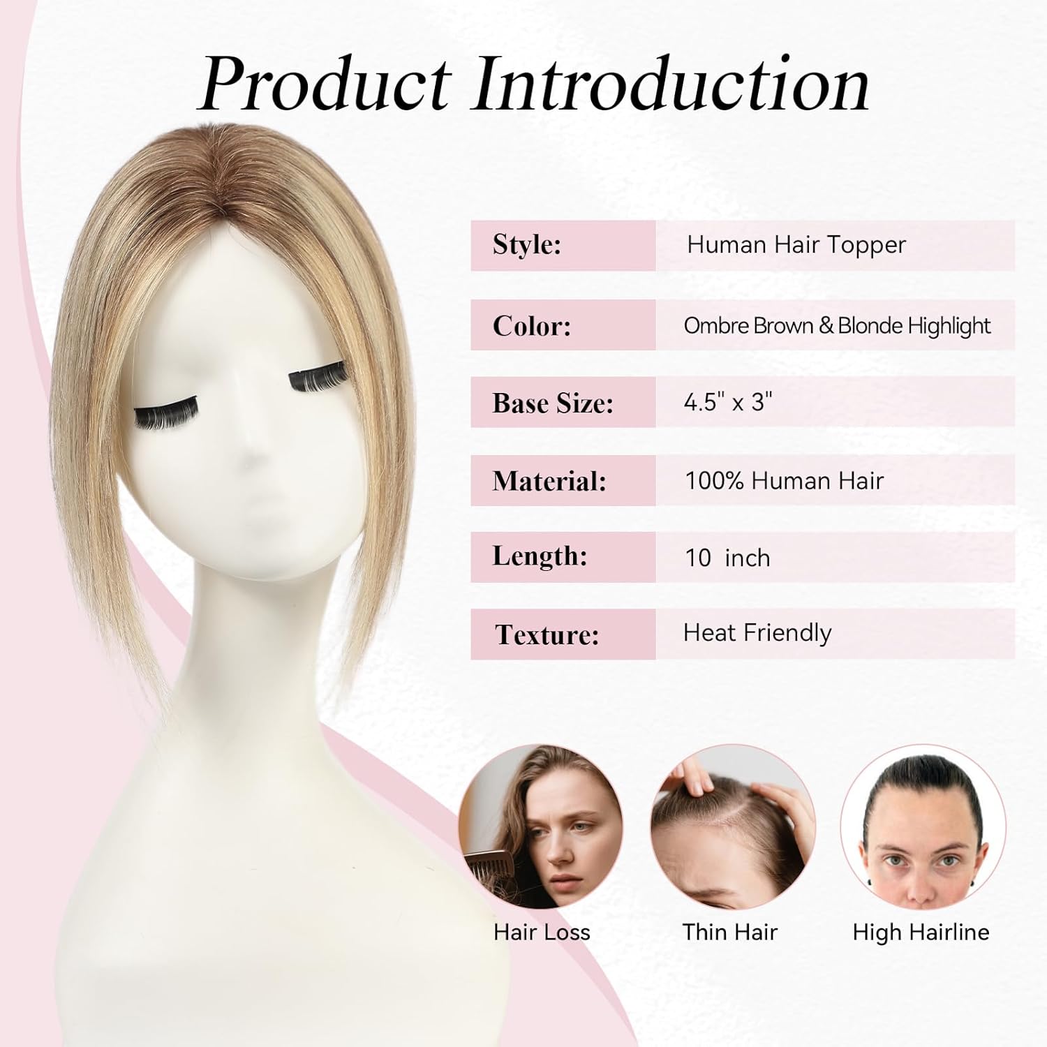 EMMOR 10 Inch Real Human Hair Topper for Women - Upgrade Swiss Lace Base with 3 Non-Slip Clips, 4.5" x 3" Clip in Bangs for Thinning Hair & Natural Hair Loss Coverage-No Bangs