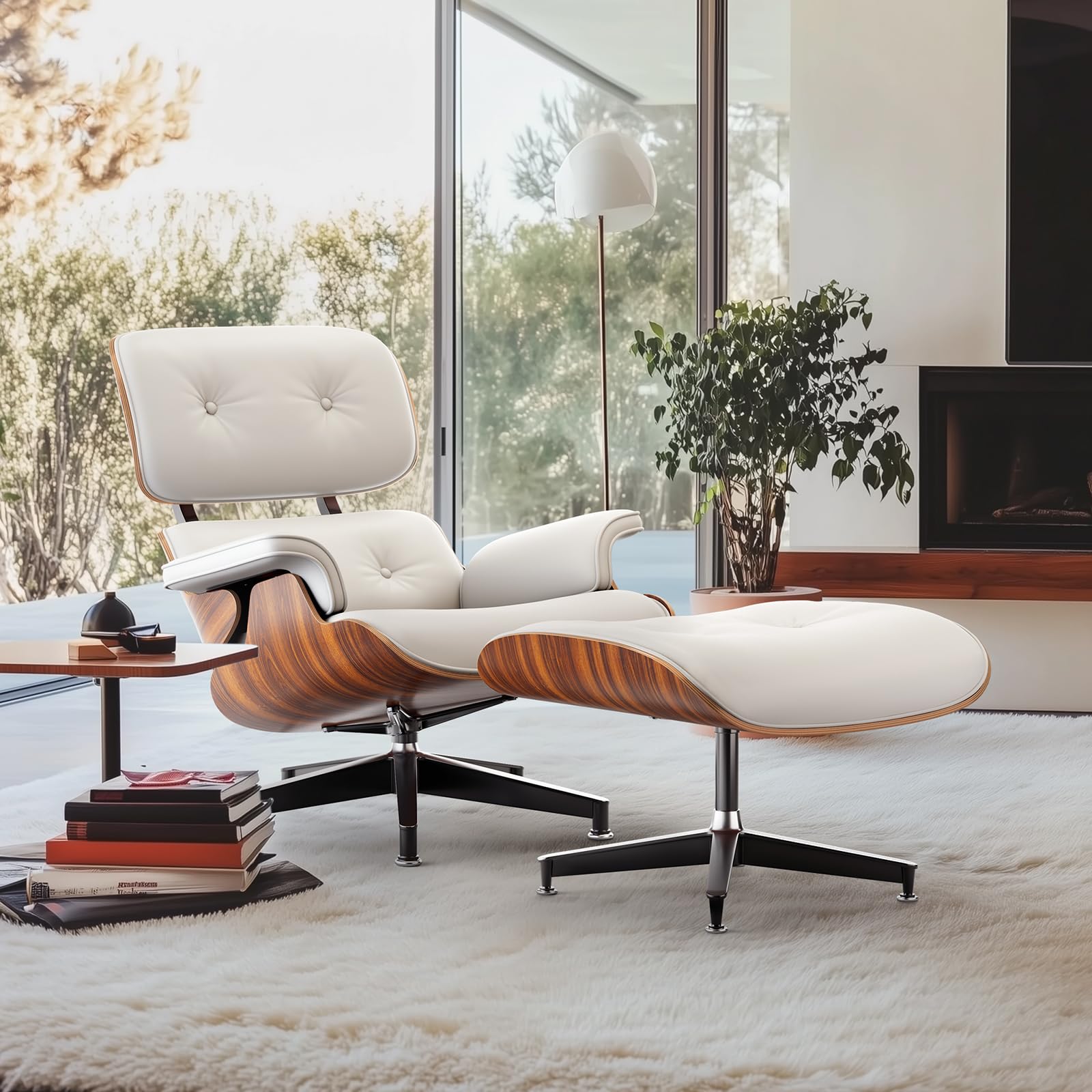 Top White PU Leather, Mid Century Chaise Lounge Chair and Ottoman, Modern Chair Classic Design, Palisander Wood, Heavy Duty Base Support for Living