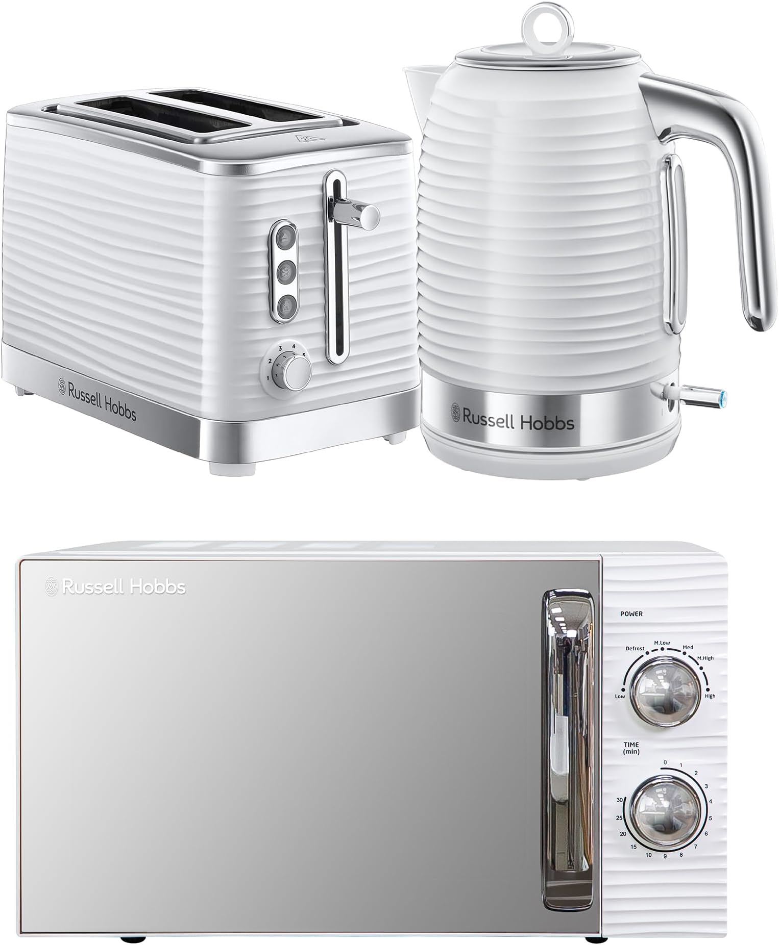 Russell Hobbs Inspire White Kitchen Set, 1.7L 2400W Kettle, 2 Slice Toaster with Variable Browning Levels & 17L 700W Microwave with 5 Power Levels, Defrost & Reheat Functions INSPBNDL2W