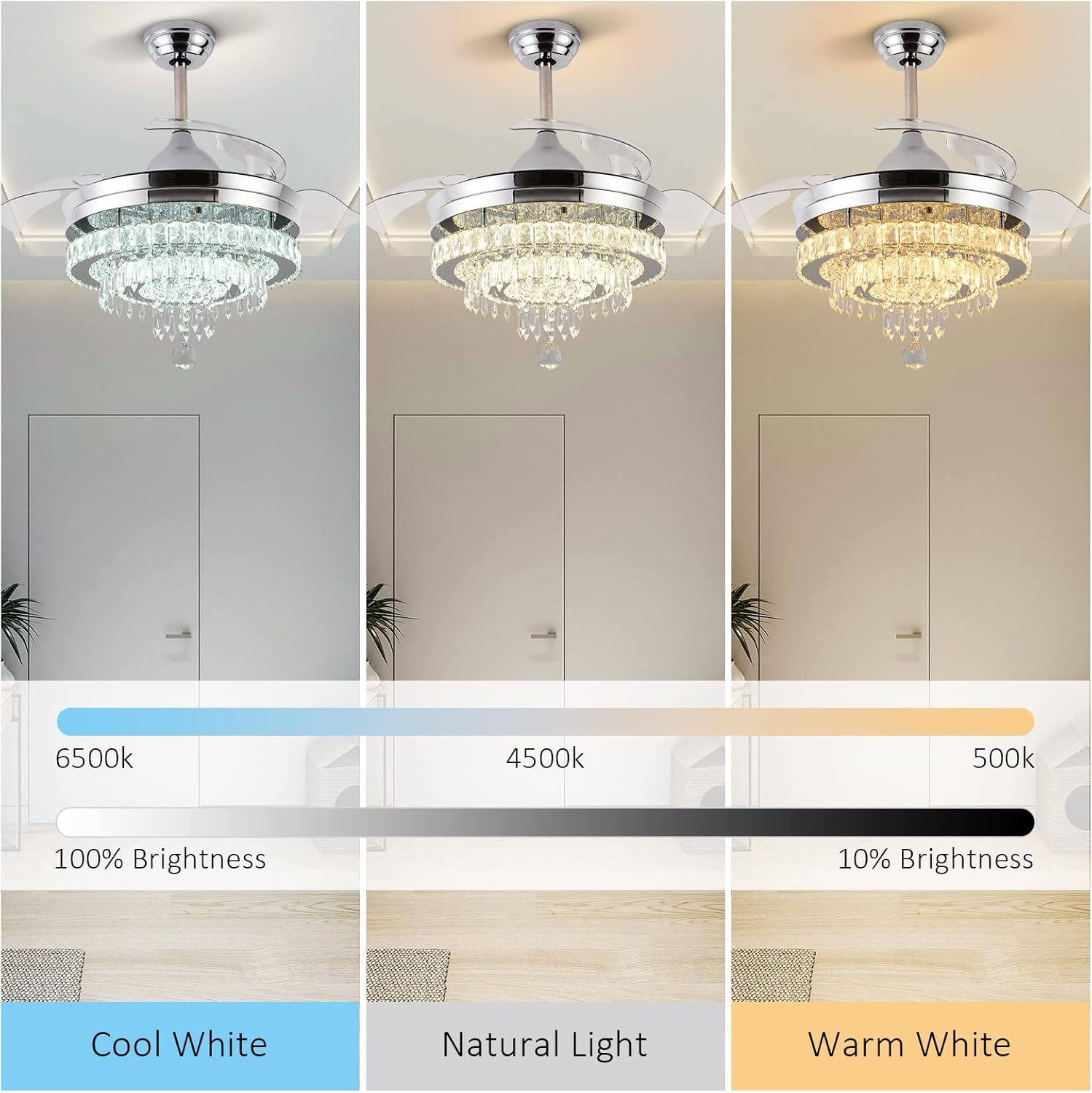 42" Dimmable Fandeliers Modern Crystal Chandeliers Ceiling Fans 6 Speeds Adjustable, with Memory and Timing Functions, APP & Remote Control Fandelier for Living Dining Room Bedroom