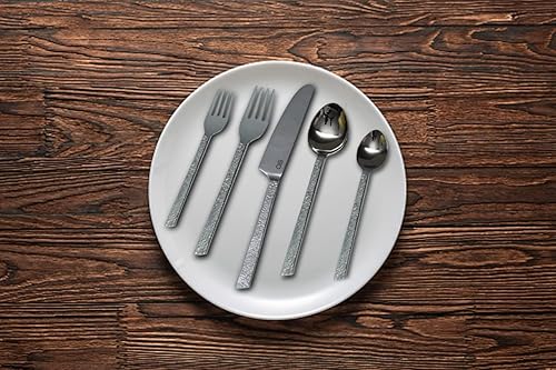 Miniatura 2 de Bold & Divine Hammered Silver - Juego de cubiertos de acero inoxidable de 5 piezas, incluye cuchillo, tenedor, cuchara, cubiertos de acero
