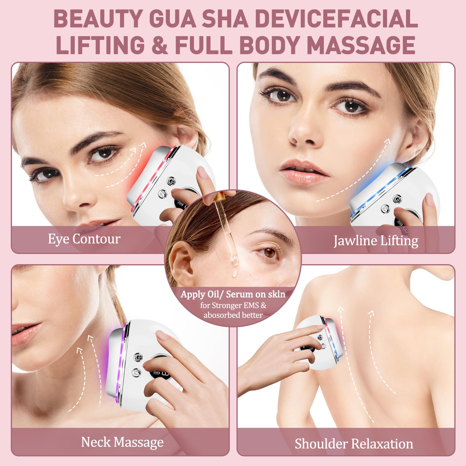 EMS Gua Sha urządzenie do masażu twarzy, 4 tryby, urządzenie zapobiegające zmarszczkom, niebieskie, fioletowe, czerwone światło do twarzy, zimne ciepło, urządzenie do masażu twarzy, 9 poziomów