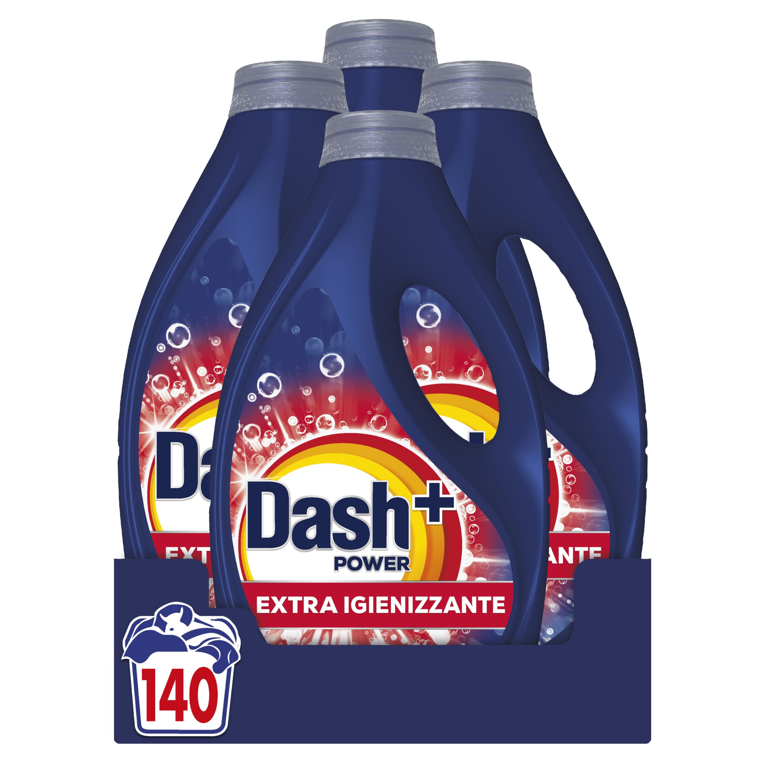 Dash Power + Extra Sanitizer, Liquid Detergent, 140 Washes (4 x 35), Deep Cleaning Against Dirt and Bacteria, Flawless Cleaning