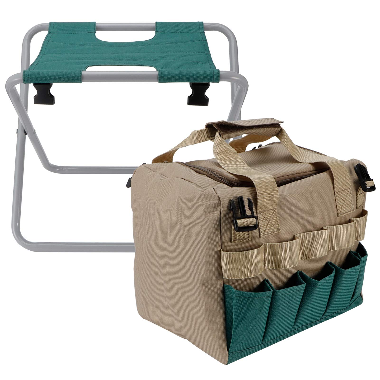 HEEPDD Sgabello da Giardinaggio Pieghevole con Borsa Portaoggetti Staccabile, Sedia da Giardino Portatile in Tessuto Oxford 600D per Attrezzi da Giardinaggio da Campeggio e da Pesca