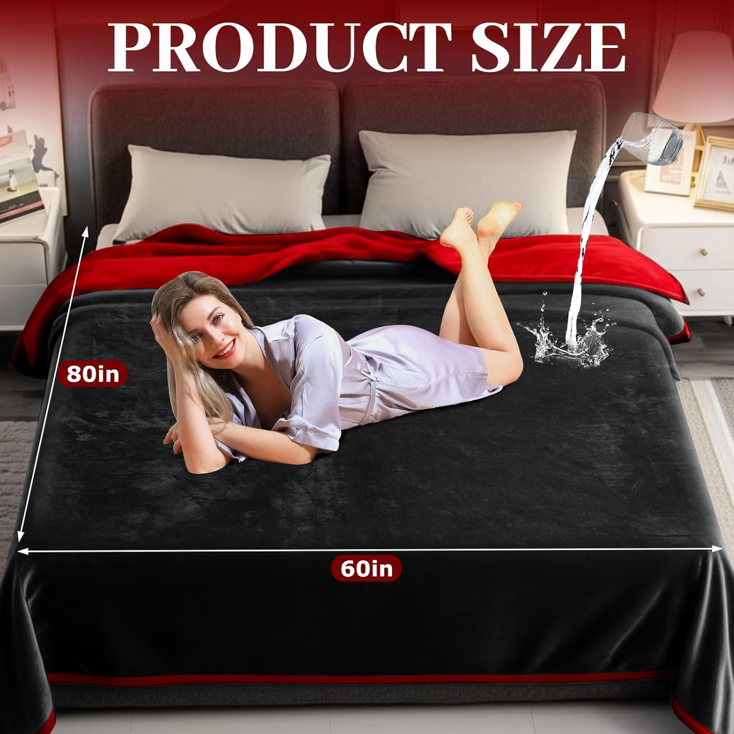 Love Waterproof Red and Black Bed Blanket 80'' x 60'' with a Storage Bag, Double Sides Flannel Splash 3 Layer Lightweight Twin Size Blanket Mattress Protector