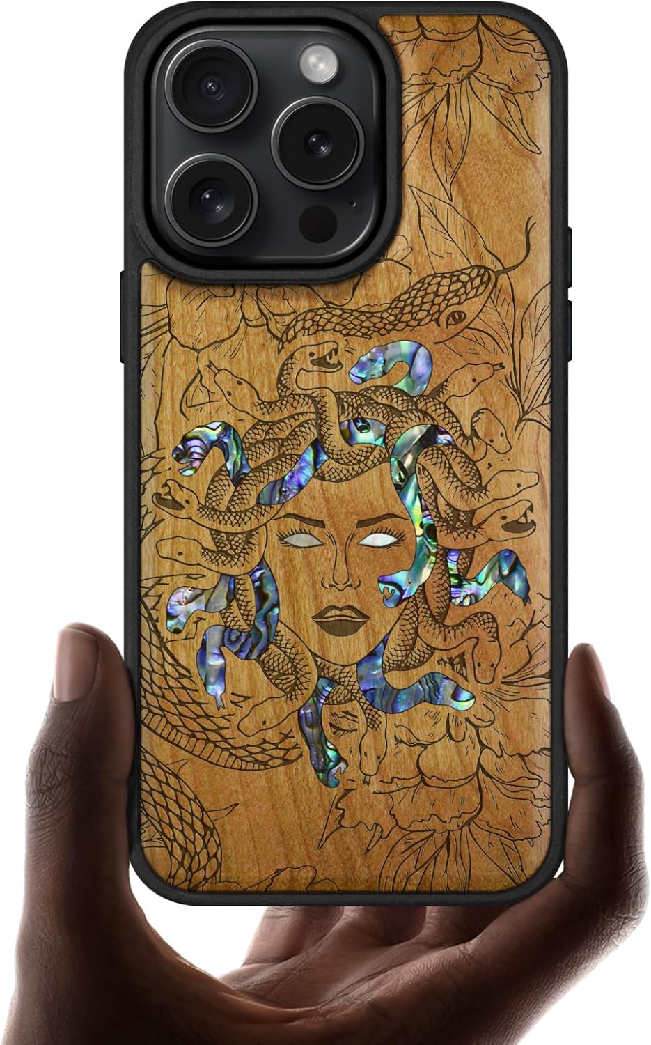 Carveit Magnetic Case for iPhone 16 Pro Case, Wood Artisan Engraved & Handmade Shell Inlaid, TPU Shockproof Cover, Compatible with MagSafe Wireless Chargers (The Medusa Enigma) Cherry