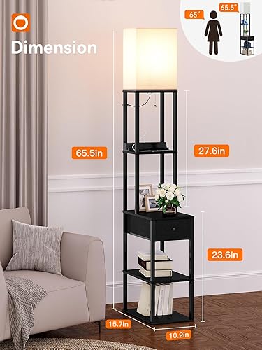 Miniatura 4 de addlon Lámpara de pie con 2 USB, 1 salida y cajón, bombilla LED de 3 temperaturas de color (9W), lámpara de sofá con pantalla blanca, lámpara de pie