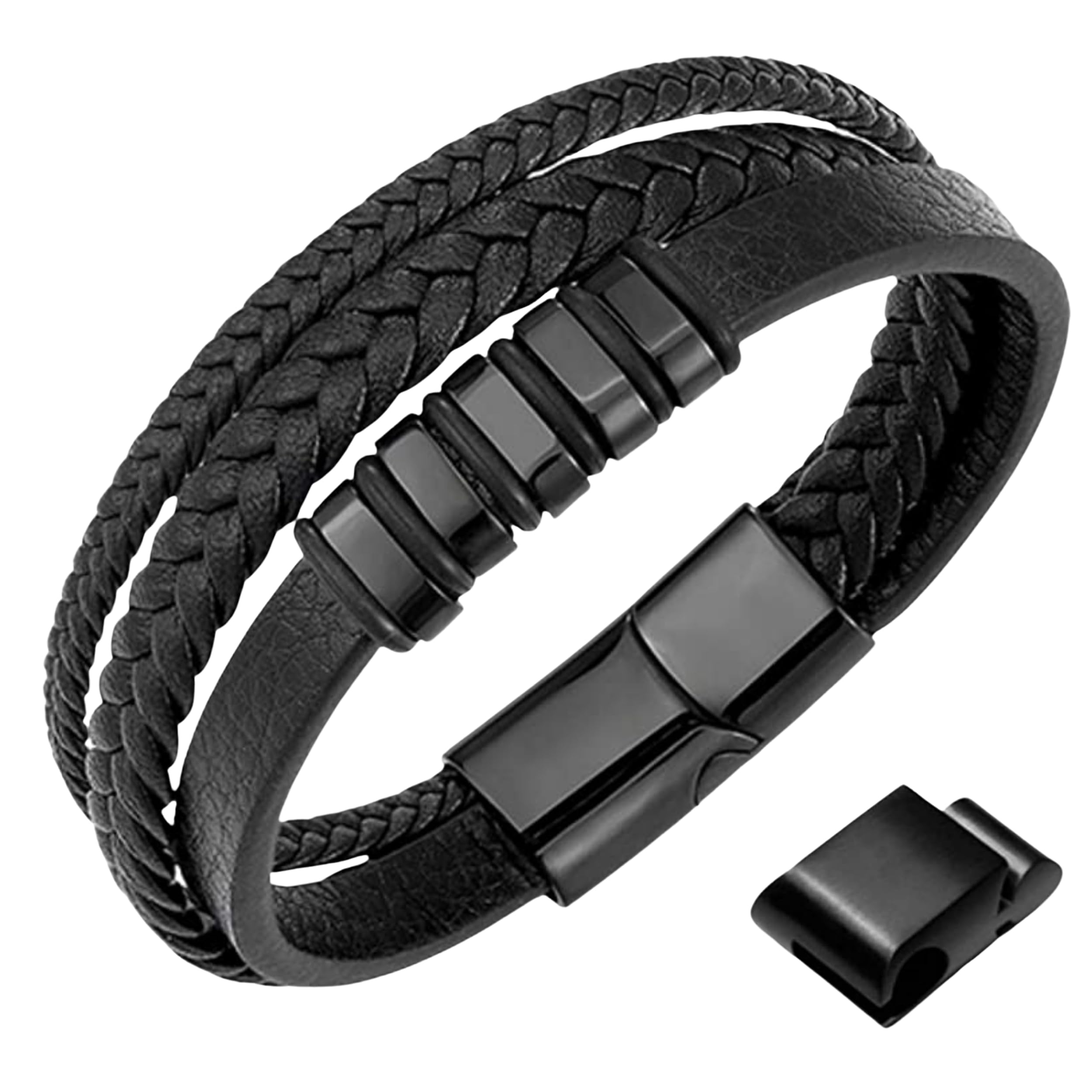 genac Pulsera para hombre de piel auténtica y acero inoxidable con cierre magnético extraíble para ajustar fácilmente la longitud de la joya perfecta para un regalo