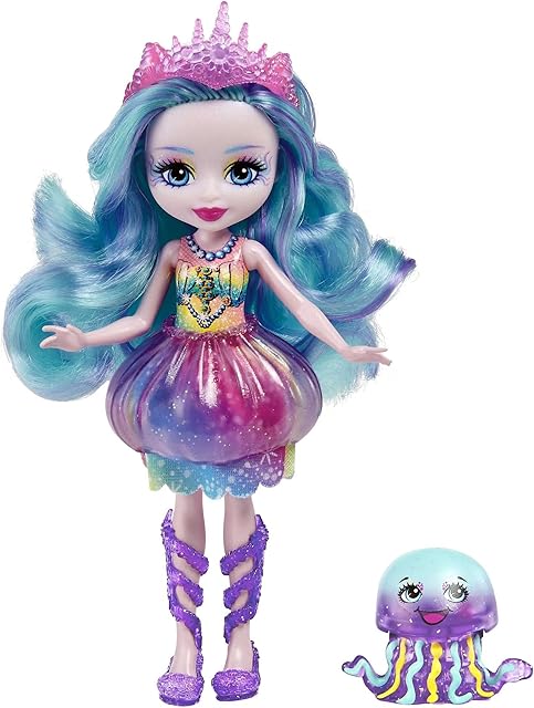 Enchantimals Jelanie Jellyfish Doll (6-in) & Stingley Animal Friend Figure from Ocean Kingdom Collection, Small Doll with Removable Skirt and Accessories, Great Gift for 3 to 8 Year Old Kids, HFF34