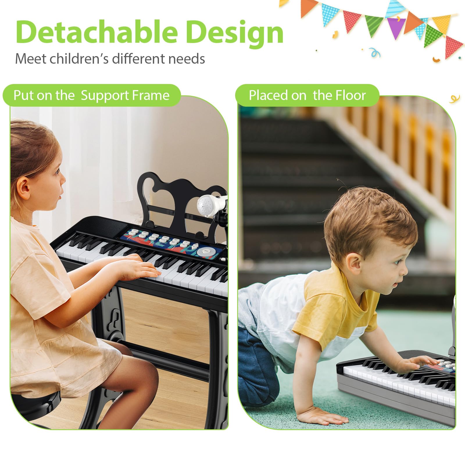 KOMFOTTEU Pianola Bambini Musicale Tastiera, Tastiera Digitale a 37 Tasti, Mini Tastiera con Effetti Luminosi e Microfono, Strumenti Musicali con Sgabello, 22 Battiti/4 Toni/4 Ritmi (Nero)