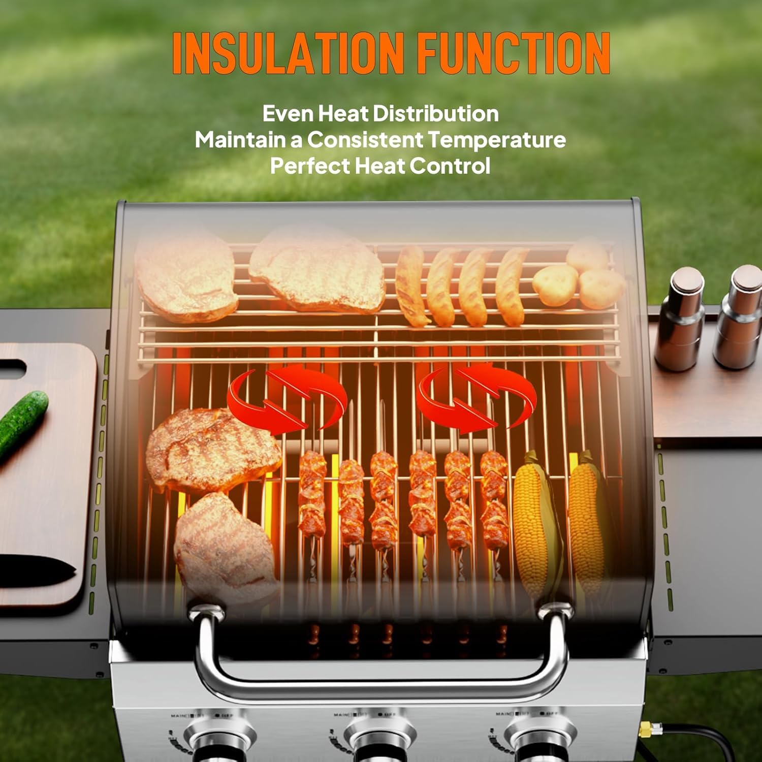 Gasgrill 3 Brenner, Camping Gasgrill 10,5 kW, Grillwagen mit Deckel & 50-mbar-Druckminderer, Gas Grill geeignet für Camping und Grillabende im Garten