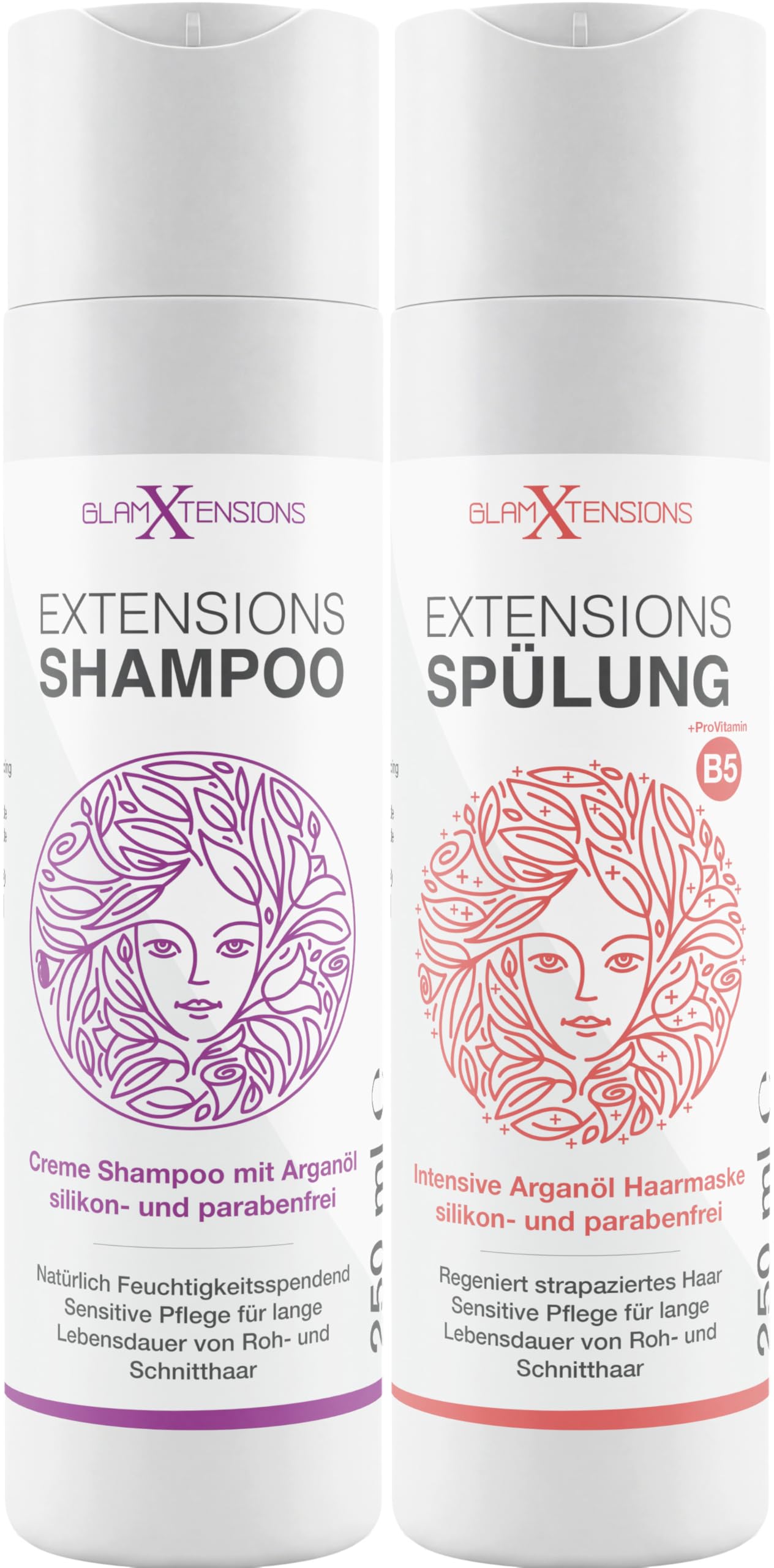 Extensions Shampoo und Spülung Set - ohne Silikone | hoher Anteil Arganöl - Für Rohhaar, Echthaar, Extensions Pflege Haarverlängerungen Perücken und Haarteile, 2 x 250ml