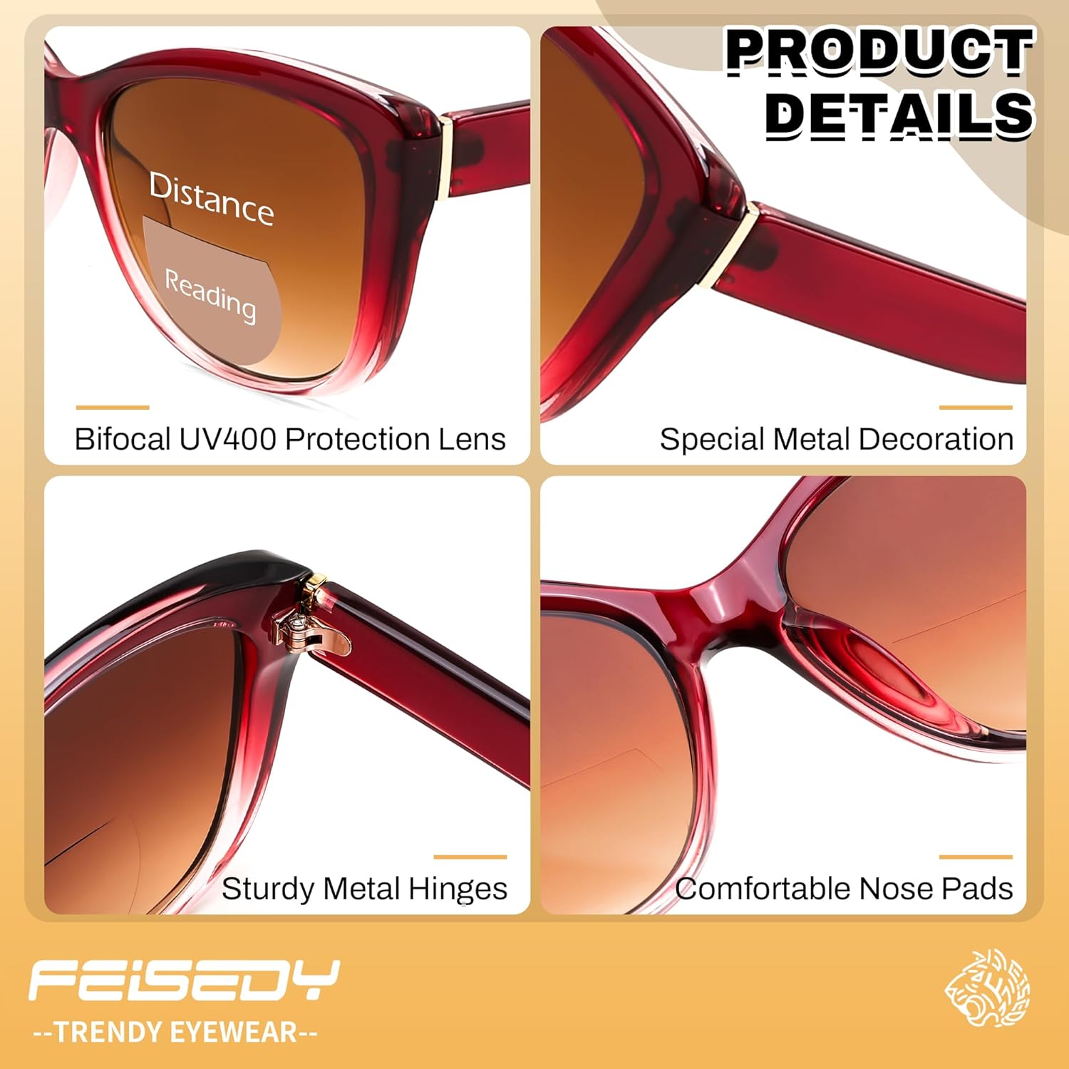 FEISEDY Cat Eye Bifocal Sunglasses Reader for Women, Trendy Sun Readers, Outdoor Reading Glasses, UV400 Protection B0352