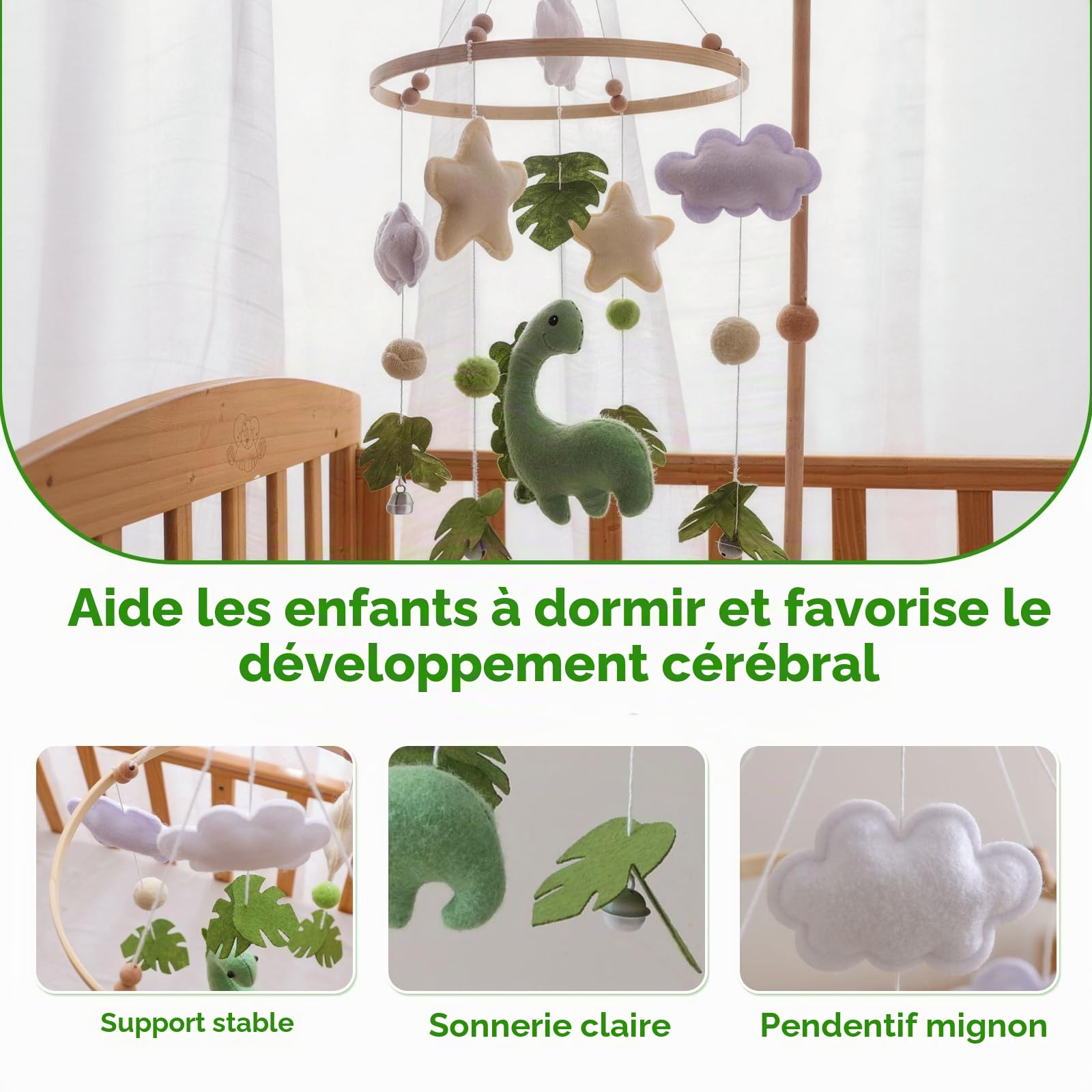 Mobile Bébé Bois Dinosaure, 3D Carillon Eolien pour Lit de Bébé | avec Boules en Feutre, Mobile Lit Bebe avec Étoiles, Nuages et Feuilles, pour Berceaux Garçons et Filles (vert)